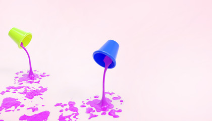 Paint tanks Blue, yellow and Purple Color droplets on the floor and modern and minimalist artwork in a Purple background