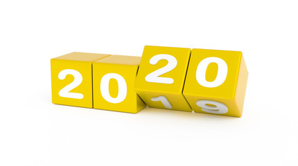 2020 New year change, turn. 2020 start 2019 end, dice isolated against white background. 3d illustration