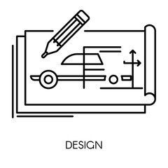 Car technical design, mechanical engineering drawing isolated icon