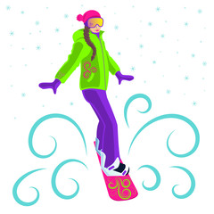 The girl is snowboarding. Winter sport. Ski resort. Snowboarding. Extreme Descent from the mountain. Bright vector illustration. Isolated image on a white background.