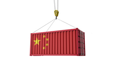 China flag cargo trade container hanging from a crane. 3D Render