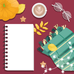Autumn flat lay with the notebook, eyeglasses, wool scarf, coffee, pumpkin and autumn leaves. Flat vector illustration.