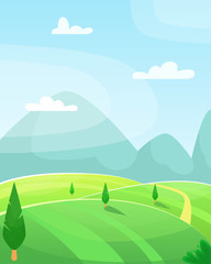 Flat summer vector cartoon landscape. Fields with trees and mountains in the background.