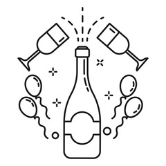 Party celebration, champagne in glass and bottle with balloons isolated linear icon