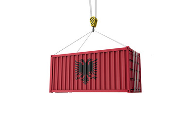 Albania flag cargo trade container hanging from a crane. 3D Render