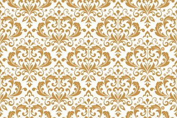 Wallpaper in the style of Baroque. Seamless vector background. White and gold floral ornament. Graphic pattern for fabric, wallpaper, packaging. Ornate Damask flower ornament
