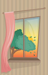 Atmospheric window with a curtain. Cozy view on the sunrise and tree.