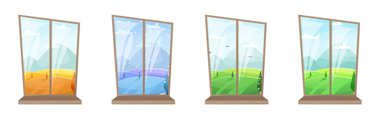 Set of 4 windows with different seasons. Cozy interiors. Summer, autumn, winter, spring.
