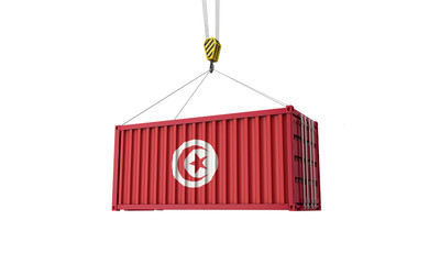 Tunisia flag cargo trade container hanging from a crane. 3D Render