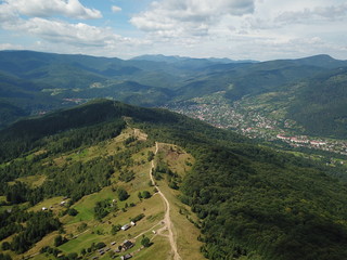 Fototapeta na wymiar Aero lanscape in beautiful ukrainian mountain city Yaremche