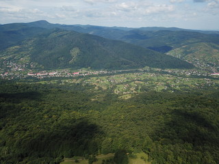 Aero lanscape in beautiful ukrainian mountain city Yaremche