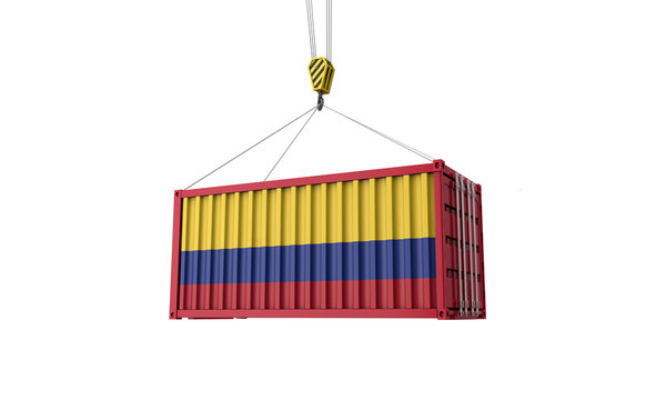 Colombia flag cargo trade container hanging from a crane. 3D Render
