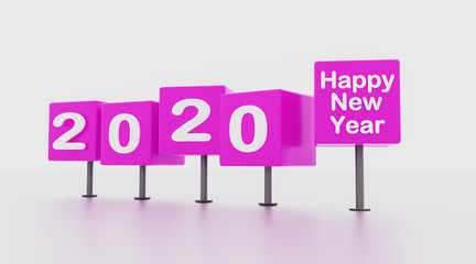 2020 happy new year colored purple cube with pedestal on isolated white background. 3d illustration