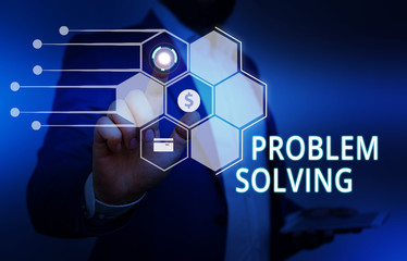 Word writing text Problem Solving. Business photo showcasing process of finding solutions to difficult or complex issues Male human wear formal work suit presenting presentation using smart device