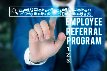 Word writing text Employee Referral Program. Business photo showcasing employees are rewarded for introducing recruits Male human wear formal work suit presenting presentation using smart device