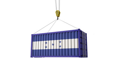 Honduras flag cargo trade container hanging from a crane. 3D Render