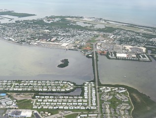 Scenic bird's eye view of Key West, Florida with the highway connecting the islands.