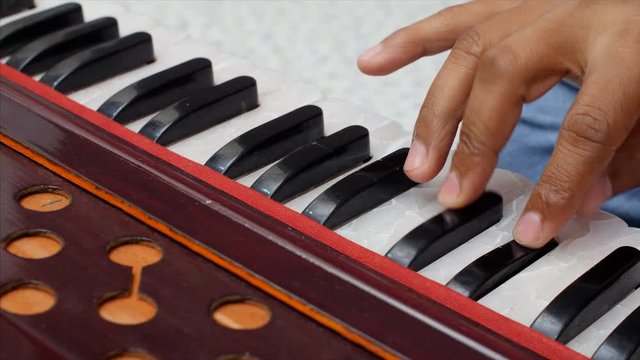 Closeup shot of hands of musician playing keys of harmonium  . 