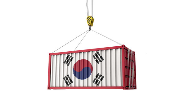 South Korea flag cargo trade container hanging from a crane. 3D Render