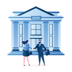 Business people handshake and bank building on background, successful negotiations and agreement