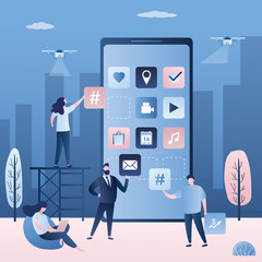 Big smartphone and software or mobile app development. Programmers and business people with buttons and signs.