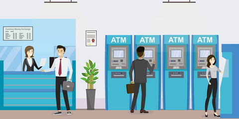 People inside bank, office interior design. Concept with business people at atm and terminal.