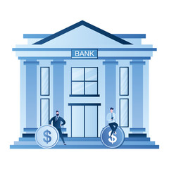 Bank building and businessmen with dollar coins,loan approval and profit concept