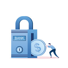 Bank lock or strongbox and businessman rolls coin,safe deposit to the bank,