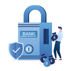 Padlock with bank inscription and businessman with bags of money, Safe deposit concept
