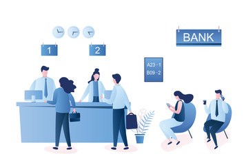 Male and female clients standing and talking to managers of bank or credit department.