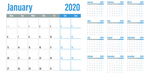 Calendar planner 2020 template vector illustration all 12 months week starts on Monday and indicate weekends on Saturday and Sunday