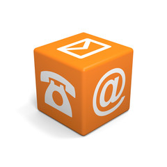 Yellow cube with phone, mail and email icon on white background