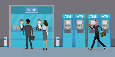 Bank counter or currency exchange service with managers and clients.