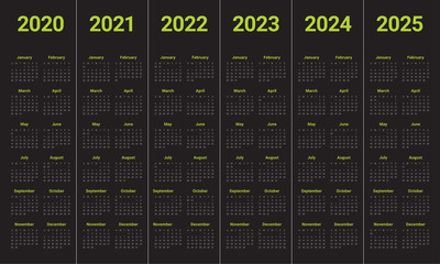 Year 2020 2021 2022 2023 2024 2025 calendar vector design template