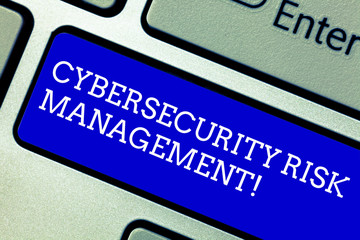Word writing text Cybersecurity Risk Management. Business concept for Identifying threats and applying actions Keyboard key Intention to create computer message pressing keypad idea