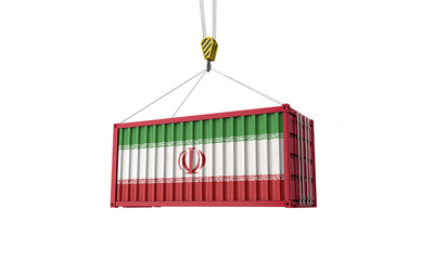 Iran flag cargo trade container hanging from a crane. 3D Render