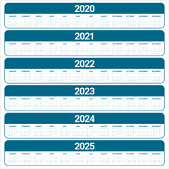 Year 2020 2021 2022 2023 2024 2025 calendar vector design template