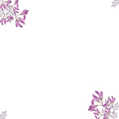 Purple watercolor flowers and leaves in the form of a frame on a white background