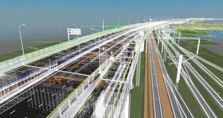 The BIM model of the object of transport infrastructure of wireframe view - obrazy, fototapety, plakaty