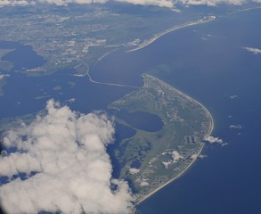 Medium close up, aerial view of Florida seen from an airplane window