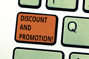 Conceptual hand writing showing Discount And Promotion. Business photo text reductions to a basic...