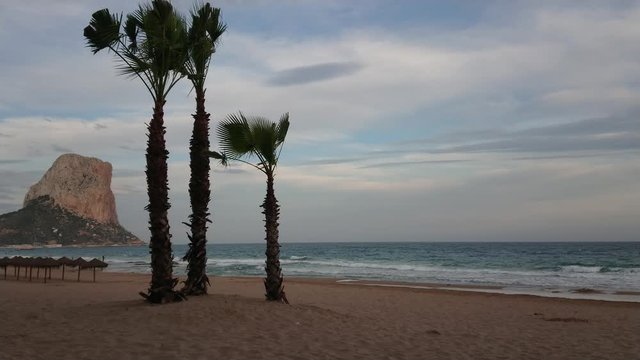 Spectacular view of Penyal d'Ifac through the palm trees at Calp beach on a cool spring evening