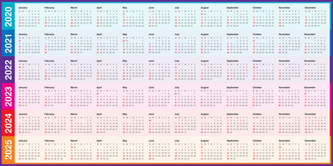Year 2020 2021 2022 2023 2024 2025 calendar vector design template