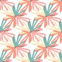 Seamless summer abstract tropical background. Used bright colors: coral, green, yellow . Perfect for printing fabric, cover, packaging, interior. Editable vector