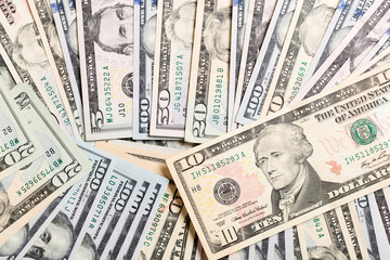 10 dollar bill on various US Dollar billss Top view of business concept on background with copy space