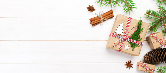 Christmas background with copy space, top view. holiday concept for you design on banner wooden table