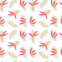 Fototapeta na wymiar Abstract seamless pattern. Trendy wallpaper with random brush strokes and tropical leaves in beige, terracotta, pastel colours. Leaves and branches. Modern textile, branding and packaging.