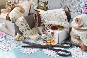 vintage lace trims and sewing kit