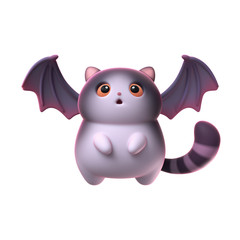 3d digital illustration of surprised kawaii cat bat with open mouth and big eyes isolated on white background. Cartoon fat cat with bat wings and a striped tail floating in the air. Halloween symbol.