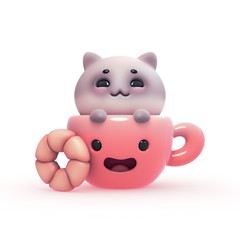 3d digital illustration of a kawaii cat in a cup of tea and sweet homemade cookie isolated on white background. Cute funny red cup with smiling face. Gray kitten peek up from cup. Tea Time concept art